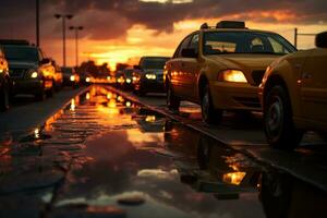 een vloot van taxi's bekleed omhoog in een rij met de kleurrijk zonsondergang in de achtergrond, vertegenwoordigen de bezig de stad vervoer netwerk. generatief ai foto