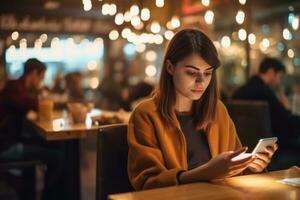 een elegant 20 jaar oud vrouw gebruik makend van een strak smartphone terwijl zittend Bij een modieus cafe, markeren de integratie van technologie en levensstijl. generatief ai foto