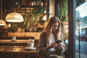 een elegant 20 jaar oud vrouw gebruik makend van een strak smartphone terwijl zittend Bij een modieus cafe, markeren de integratie van technologie en levensstijl. generatief ai foto