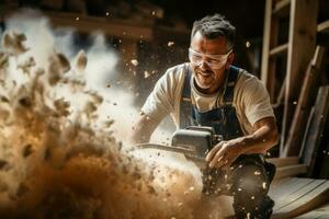 timmerman in de midden van snijdend hout met zaagsel vliegen, vastleggen de essence van hun creatief werkwijze. generatief ai foto