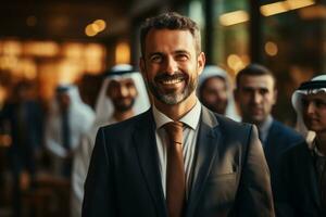 een Arabisch zakenman leidend een verschillend team ontmoeting, presentatie van leiderschap en samenwerking in een multicultureel werkplek. generatief ai foto