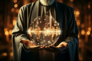 Arabisch zakenman gebruik makend van een futuristische holografische koppel, vertegenwoordigen innovatie en technologie in de bedrijf wereld. foto