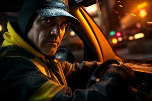 een taxi bestuurder navigeren de de stad helder lichten en bruisend straten gedurende de laat uur. generatief ai foto