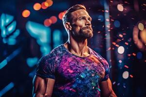 een Kaukasisch bodybuilder vervelend modieus en functioneel geschiktheid kleding, markeren de belang van comfortabel en elegant kleding voor optimaal prestatie gedurende trainingen. generatief ai foto