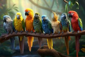 kleurrijk en exotisch papegaaien, kaketoes uitgelijnd in een boeiend rij, presentatie van hun levendig gevederte. generatief ai foto