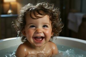 een jong kind, met gekruld haar- en een blij uitdrukking, geniet een speels bad in een wit bad. de kind gelach vult de lucht net zo ze plons in de omgeving van in de water. generatief ai foto