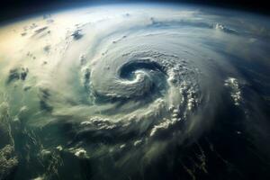 een dramatisch antenne visie van een orkaan wervelende over- de oceaan, tonen de enorm storm systeem net zo het benaderingen een kustlijn, afbeelden de potentieel verwoesting het mei brengen. generatief ai foto