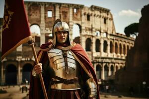 een legionair Holding een Romeins vlag hoog in de colosseum, vertegenwoordigen de macht van de Romeins rijk. generatief ai foto