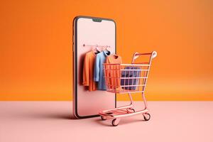 3d smartphone met kleren winkel.online boodschappen doen concept.gemaakt met generatief ai technologie. foto