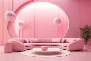 futurisme roze leven kamer met kopiëren met sofa en planten ruimte in de toekomst.gemaakt met generatief ai technologie. foto