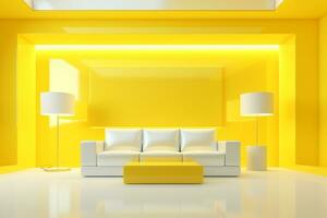 futurisme geel leven kamer met kopiëren met sofa en planten ruimte in de toekomst.gemaakt met generatief ai technologie. foto