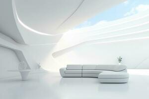 futurisme wit leven kamer met kopiëren met sofa en planten ruimte in de toekomst.gemaakt met generatief ai technologie. foto
