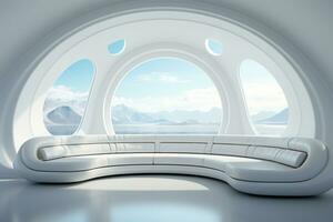 futurisme wit leven kamer met kopiëren met sofa en planten ruimte in de toekomst.gemaakt met generatief ai technologie. foto