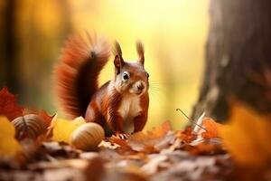 schattig eekhoorn in de herfst Woud met herfst bladeren. foto