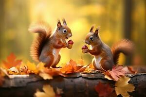 schattig eekhoorn in de herfst Woud met herfst bladeren. foto