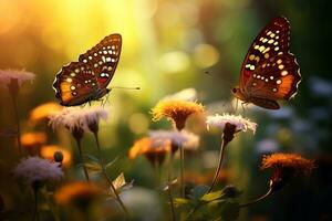 macro fotografie, vlinders in de bloemen met ochtend- licht met kopiëren ruimte.gemaakt met generatief ai technologie. foto