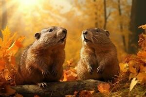 schattig groundhogs in de herfst Woud met herfst bladeren.gemaakt met generatief ai technologie. foto