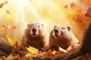 schattig groundhogs in de herfst Woud met herfst bladeren.gemaakt met generatief ai technologie. foto