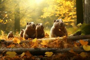 schattig groundhogs in de herfst Woud met herfst bladeren.gemaakt met generatief ai technologie. foto