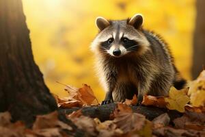 schattig wasbeer in de herfst Woud met herfst bladeren.gemaakt met generatief ai technologie. foto