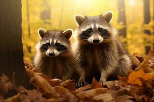 schattig wasbeer in de herfst Woud met herfst bladeren.gemaakt met generatief ai technologie. foto