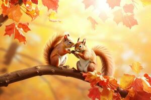 schattig eekhoorn in de herfst Woud met herfst bladeren.gemaakt met generatief ai technologie. foto