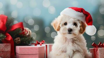 schattig hond vervelend de kerstman claus kostuum in Kerstmis partij .Vrolijk Kerstmis concept.gemaakt met generatief ai technologie foto