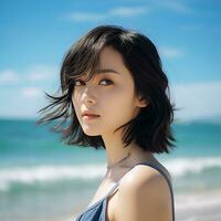 mooi Aziatisch meisje genieten van zomer in de strand ai generatief foto