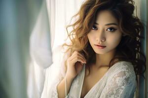 Aziatisch meisje uitstralend haar natuurlijk schoonheid in de vroeg ochtend- ai generatief foto