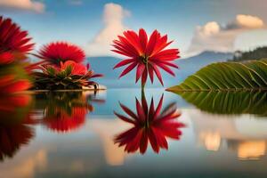 rood bloemen in de water met een reflectie van de lucht. ai-gegenereerd foto