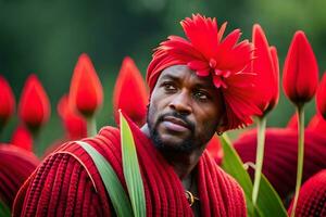 een Mens in rood kleding met een bloem in zijn haar. ai-gegenereerd foto