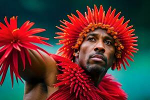 een Mens in een rood bloem hoofdtooi met rood bloemen. ai-gegenereerd foto