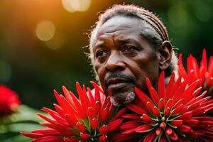 een ouder Mens met rood bloemen in zijn hand. ai-gegenereerd foto