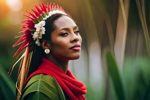 mooi Afrikaanse vrouw vervelend een bloem kroon in de Woud. ai-gegenereerd foto