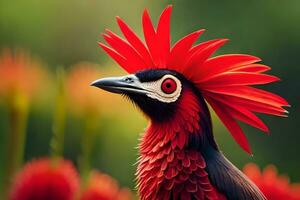 een vogel met rood veren en een rood hanenkam. ai-gegenereerd foto