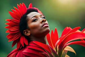 een mooi vrouw met rood bloemen in haar haar. ai-gegenereerd foto