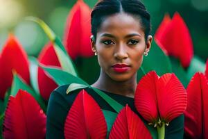 een mooi vrouw met rood bloemen in voorkant van haar. ai-gegenereerd foto