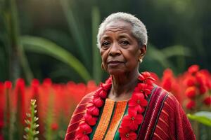 een ouder vrouw in een rood jurk staand in een veld- van bloemen. ai-gegenereerd foto