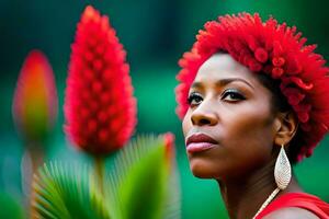 een vrouw in een rood jurk met bloemen in haar haar. ai-gegenereerd foto