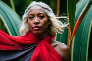 een vrouw met blond haar- en rood sjaal. ai-gegenereerd foto