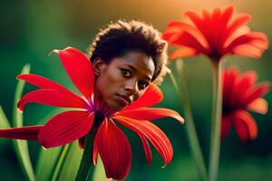 een vrouw met rood bloemen in haar haar. ai-gegenereerd foto