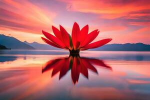 een rood bloem is weerspiegeld in de water Bij zonsondergang. ai-gegenereerd foto