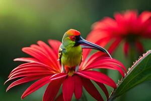 een vogel met een rood bek zittend Aan een bloem. ai-gegenereerd foto