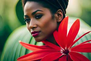 mooi Afrikaanse vrouw met rood bloem. ai-gegenereerd foto