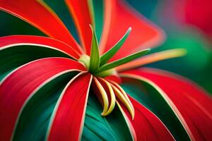 een dichtbij omhoog van een rood bloem met groen bladeren. ai-gegenereerd foto