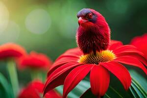 een rood vogel neergestreken Aan top van een bloem. ai-gegenereerd foto