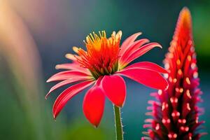 een rood bloem met een groen stam in de zon. ai-gegenereerd foto