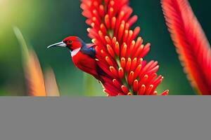 een rood vogel neergestreken Aan een rood bloem. ai-gegenereerd foto