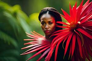 een vrouw met rood bloemen in haar haar. ai-gegenereerd foto