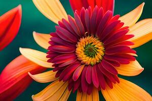 een dichtbij omhoog van een rood en geel bloem. ai-gegenereerd foto